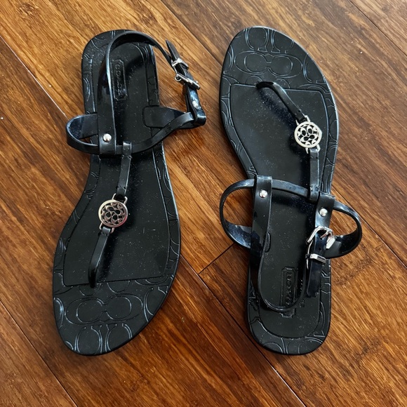 Coach Shoes - COACH Pansy Jelly Thong T-Strap Sandals Patent Black Monogram Sliver Buckle Flat